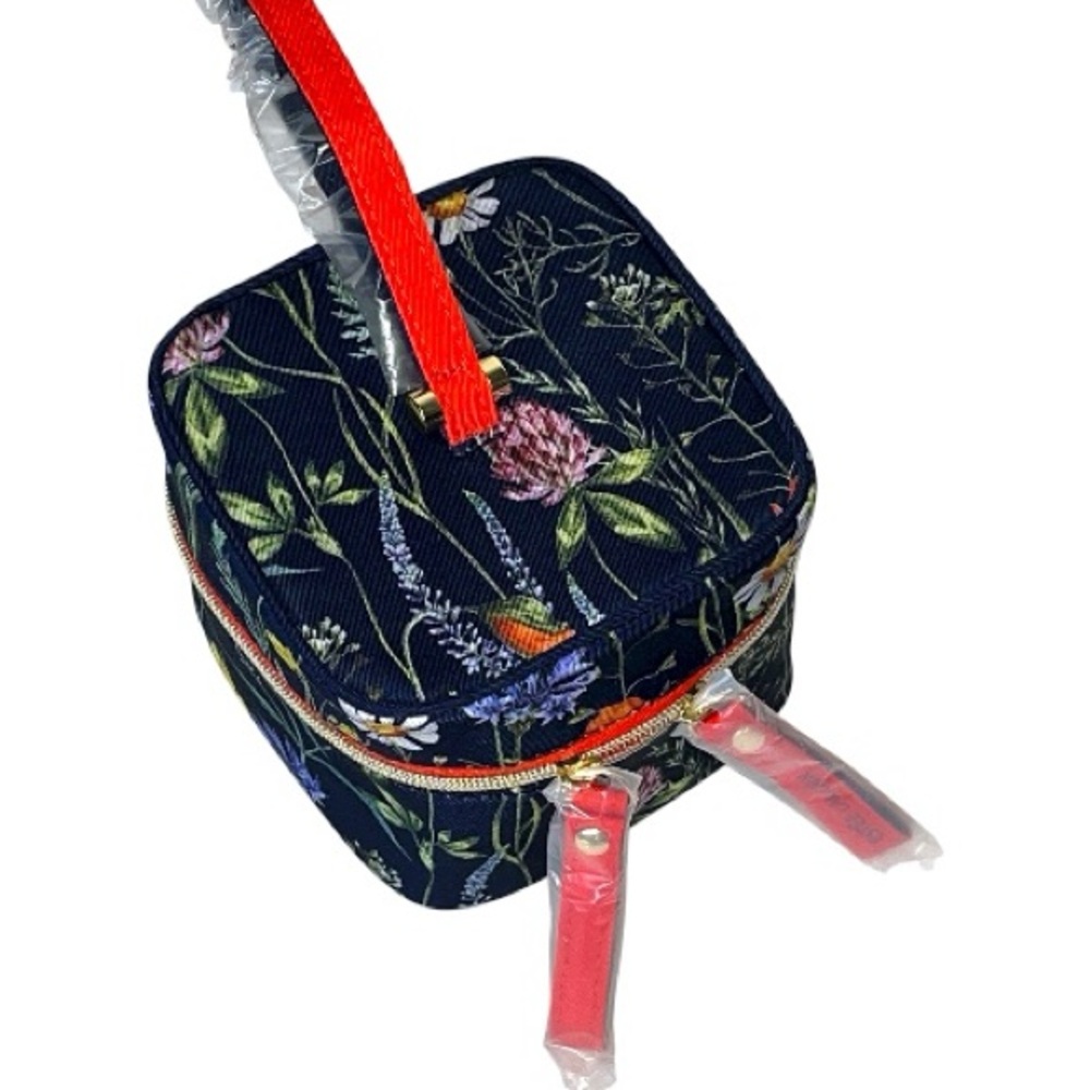 Estee Lauder Floral Print Double Zip Orange Top Handle Wristlet Mini Square Bag - Picture 3 of 11